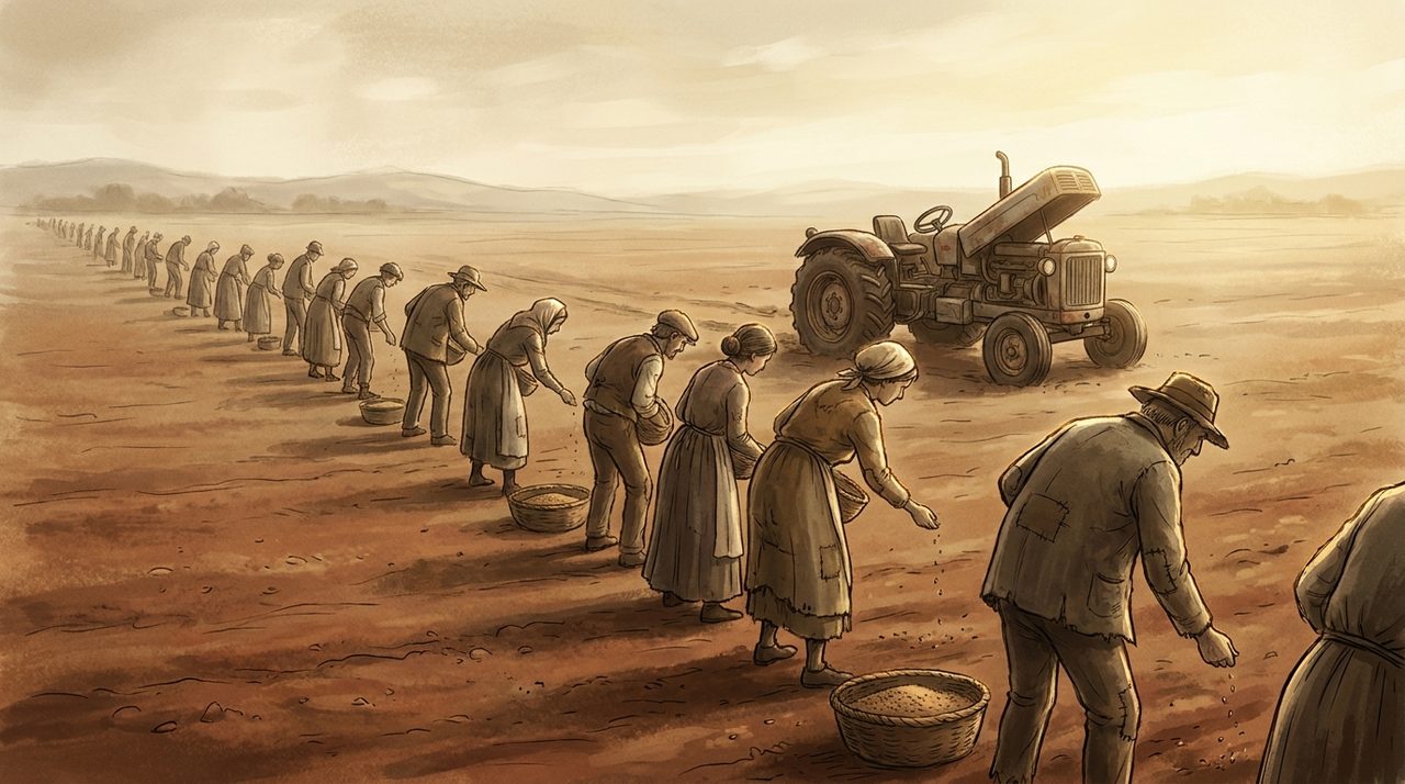 A long line of workers stooped shoulder to shoulder planting by hand across bare red