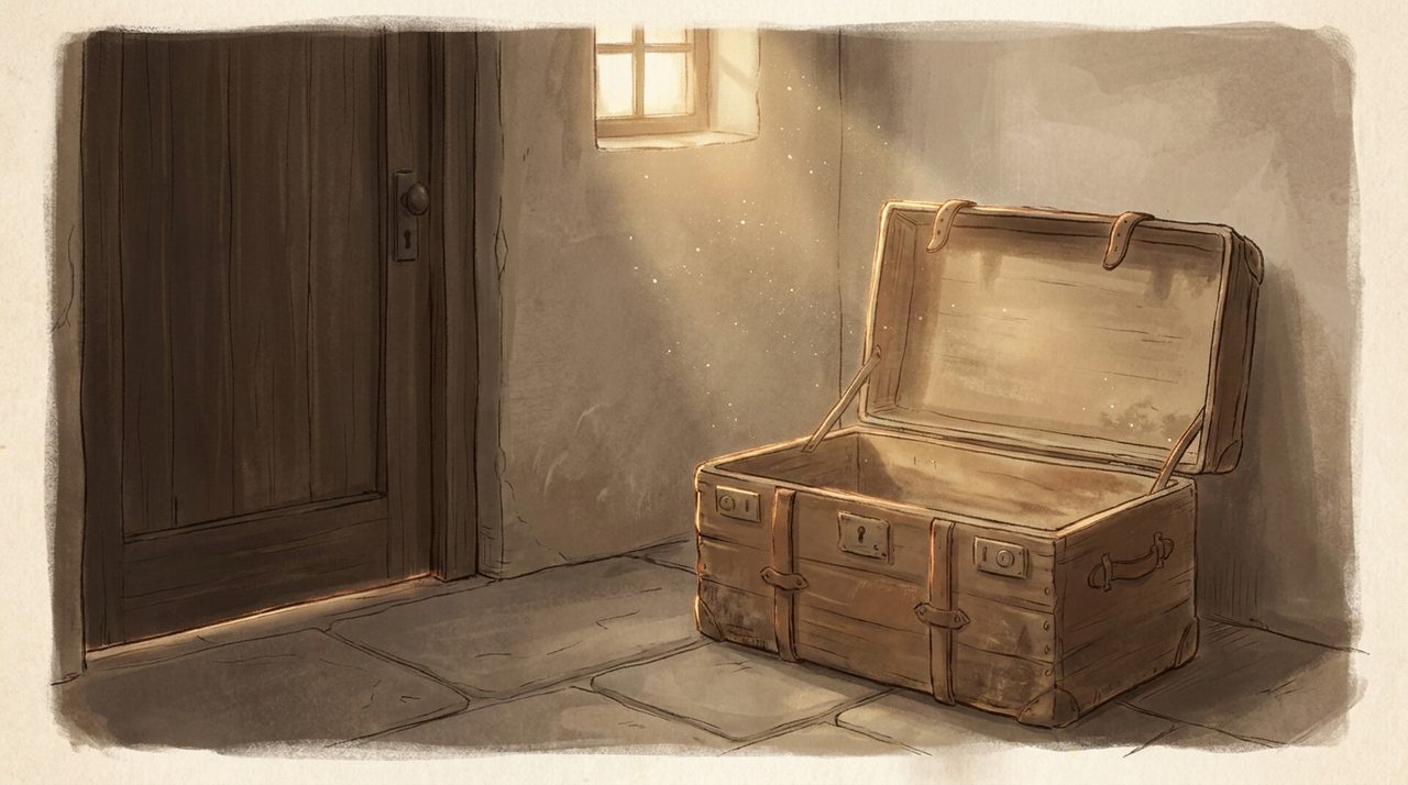 An empty steamer trunk standing open beside a shut door