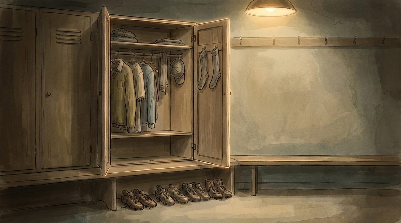 A single pair of worn football boots sitting alone on a wooden bench in an empty locker