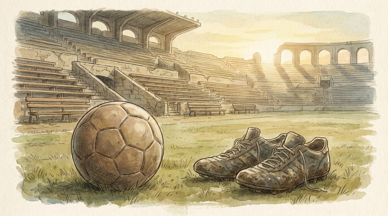 A single worn football and a pair of boots resting in a quiet