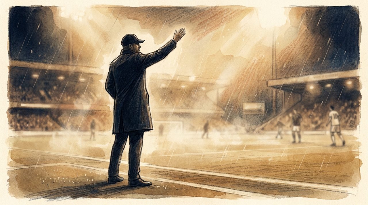 A manager silhouette on the touchline at a decision point