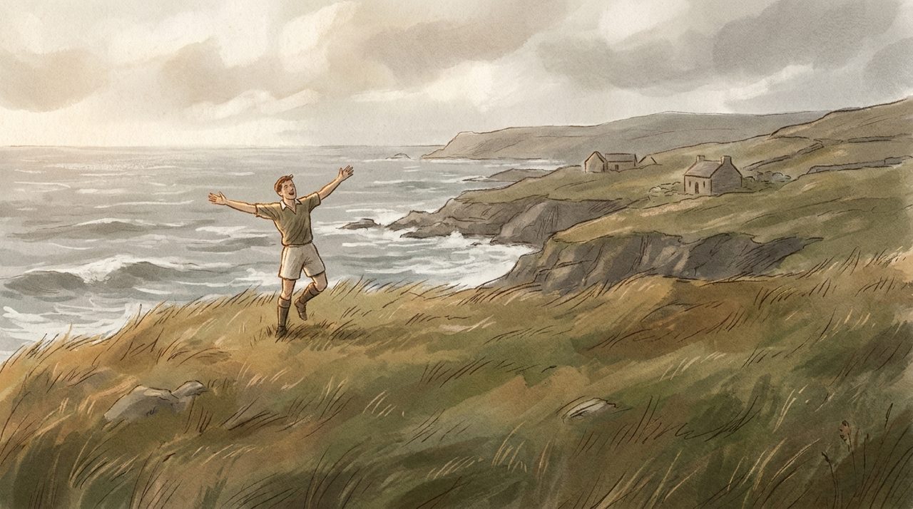 A remote windswept green football pitch on a rugged treeless coastline under grey